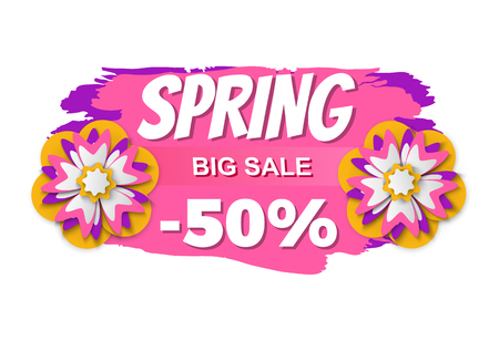 Spring sale vector, isolated banner with flowers and brush style design, flourishing plants and promotion of business, sales and propositions flat styleのイラスト素材