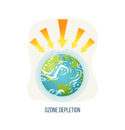 Ozone depletion vector, ecological problems on planet isolated icon, poster with inscription, earth with arrowheads and broken layer issues and danger. Earth day conceptのイラスト素材