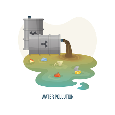 Water pollution vector, polluted liquid of dirty color with garbage and litter, organic waste apple , metal can and jar floating in river environmental. Concept for Earth dayのイラスト素材