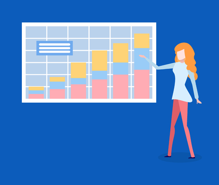 Woman presents financial growth on analytic charts. Vector female pointing on increasing graph, showing company development and profit, accounting and financeのイラスト素材