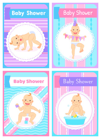 Baby shower vector, kid holding colorful flags celebrating child in paper hat flat style. Crawling character, playing with toys, water with duck on surfaceのイラスト素材