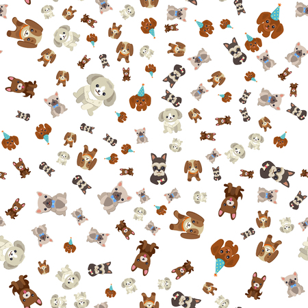 Doggy with cute muzzle vector, seamless pattern of dogs wearing celebration hat for holiday special occasion, isolated on white background, canineのイラスト素材