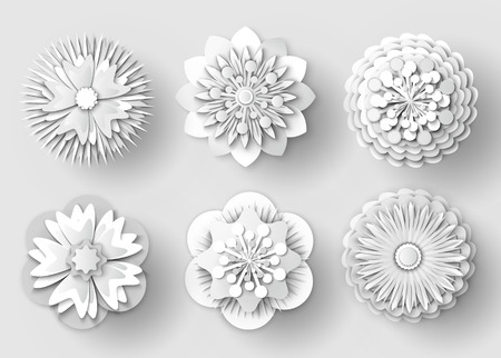 Flowers made of paper vector, isolated set of floral elements with ornaments, rounded shapes of plants with petals and foliage, shades of decorationのイラスト素材