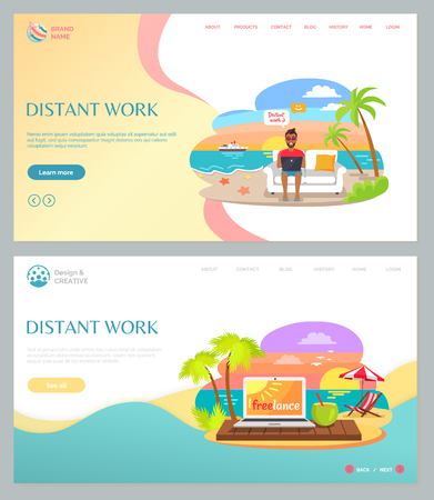 Distant work of freelancer sitting on sofa and working with laptop, sunset image, palm trees and ocean view, summertime online job on beach vector. Website or webpage template, landing page flat styleのイラスト素材