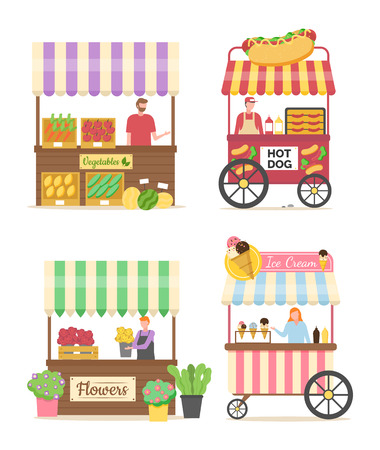 Ice cream seller vector, hot dog shop with junk food isolated stores with street meal, veggie market with products and fresh ingredients flat styleのイラスト素材