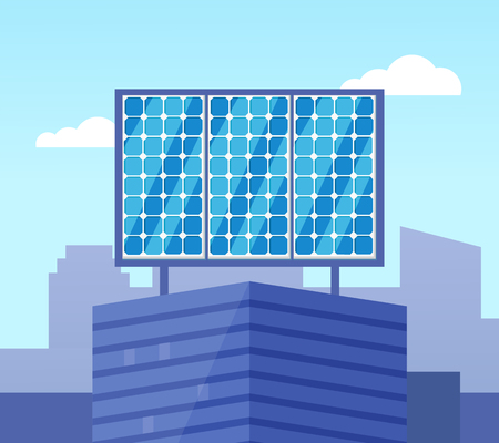 Solar powered blue building in flat style, glossy view of eco equipment on building roof, alternative electric generator, ecological collector vectorのイラスト素材