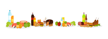 Fast food and healthy meal decorations, fish with eggs and greenery, hamburger and chicken, soda and cake, porridge in bowl, potatoes and pizza vectorのイラスト素材