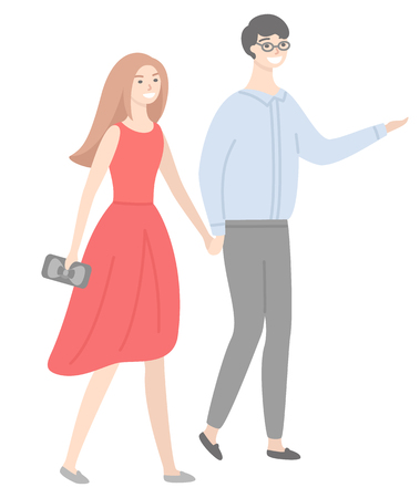 Male and female in love, guy in glasses, lady in red dress, people in casual cloth walking and flirting. Man and woman holding hands vector isolated coupleのイラスト素材