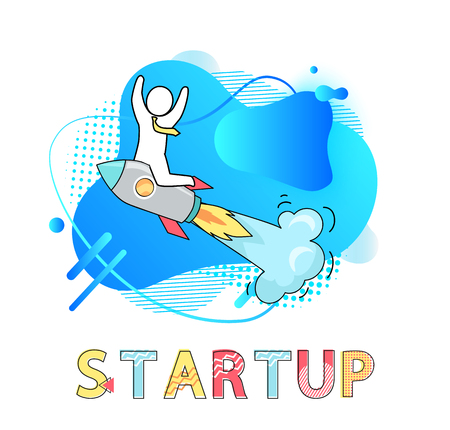 Startup business vector, man wearing tie businessman riding flying launches rocket with smoke, development of project, successful job and resultsのイラスト素材