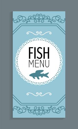 Fish menu template, vector seafood dishes list with marine animal silhouette. Vector cover mockup with ornamental frame, salmon or trout emblem on blueのイラスト素材
