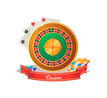 Roulette table with numbers, ace cards and colorful chips, gambling poster with round table and devils books, gaming casino, entertainment vectorのイラスト素材