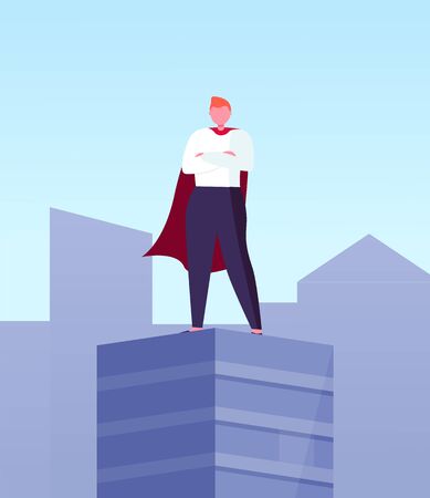 Leader in superhero cloak on top of skyscraper in city center. Vector business hero, superhuman big boss, commercial businessman on roof with hands on chestのイラスト素材