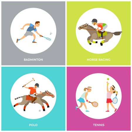 Badminton and polo, horse racing and tennis round icons, sporty people running or playing with racket and ball, men wearing helmet, competition vectorのイラスト素材