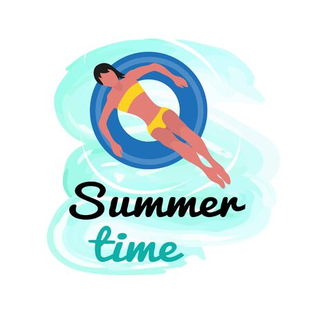 Summer time, woman in yellow bikini swimsuit swimming on blue inflatable donut in water. Vector summer rest, girl in bikini relaxing in ring isolated labelのイラスト素材