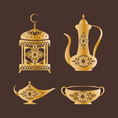 Lantern and mug collection, items made of golden material having traditional ornaments, floral elements, teapot with flowers set vector illustrationのイラスト素材