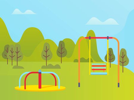 Swings and playground in park near green trees and mountains, empty and colorful place for entertainment, garden decoration, activity outdoor vectorのイラスト素材