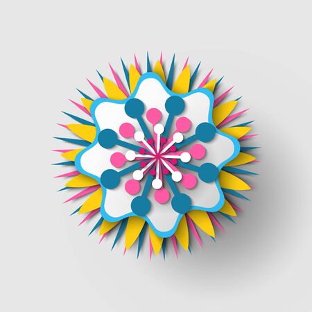 Paper cut origami of flower, colorful blossom ornament with shadow, 3d view of floral symbol, greeting or poster decorated by bouquet, festive vectorのイラスト素材