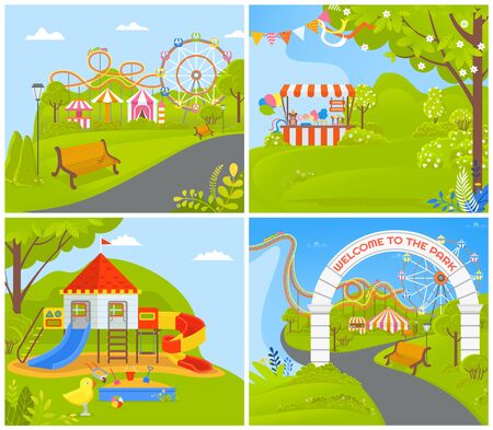 Attractions and carousels at amusement park vector, nature and greenery, trees and tent for selling stuff. Playground with wooden castle for kids, empty parkのイラスト素材