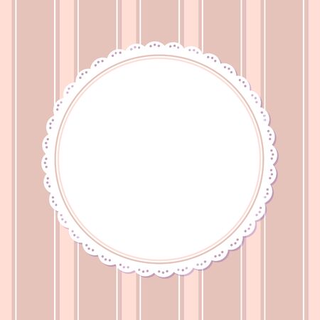 Retro photoframe, spare place in round frame isolated on striped pink or purple background. Vector poster template with ornamental gentle napkinのイラスト素材