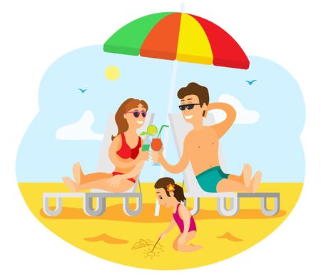 People relaxing on beach vector, parents enjoying alcoholic beverage poured in glasses. Child building sand castle. Married couple with kid by seasideのイラスト素材