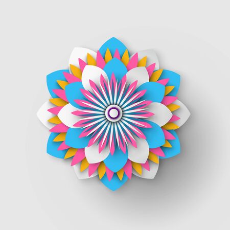 Paper cut flower isolated Japanese origami. Vector blossom folder in decorative shapes and figures, buds and leaves on grey, realistic card decorのイラスト素材
