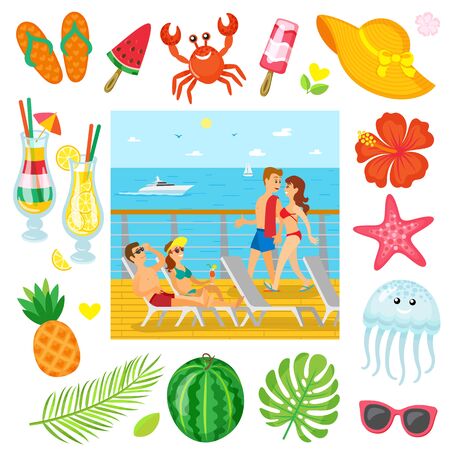 Summer objects, voyage or cruise, summertime traveling and recreation vector. Tourists on ship deck in swimwear, crab and jellyfish, cocktail and ice cream, pineappleのイラスト素材