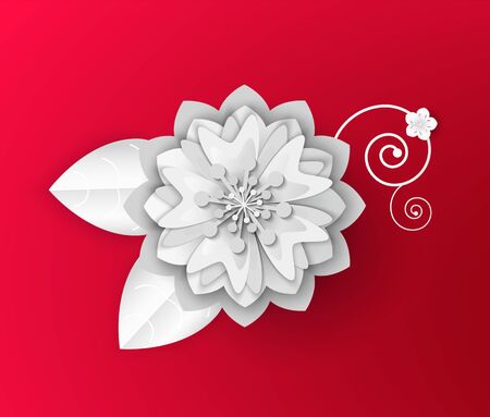 Origami flower vector, white floral decoration with ornaments and small flora, botanical blooming and flourishing, Japanese style of art isolatedのイラスト素材