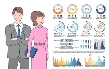 Infochart man and woman vector, people looking at visualized information, lady wearing dress and male in suit. Data with numeric info project analyze. Business managers do presentationのイラスト素材