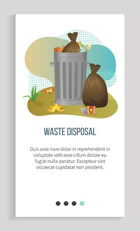 Waste disposal, tank of garbage, bin filled with waste bags, organic and metal objects, global problem of planet, pollution and recycling vector. Slider for ecology app, save planet. Earth dayのイラスト素材