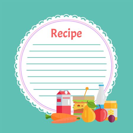 Empty recipe book in blue color, round white list with lines. Box and bottle, carrot and sandwich, honey and apple with pear, circle clean note page vectorのイラスト素材