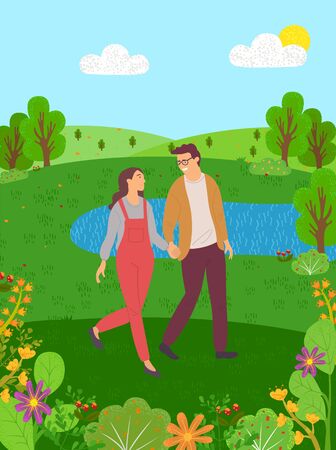 Lake, blooming plants and hills, couple man and woman walks among bushes, firs and pines. People holding hands in forest or rest in park at summertime, vectorのイラスト素材