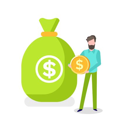 Person with money vector, male holding coin made of gold, dollar currency of America, economy and investment businessman with wages salary flat styleのイラスト素材