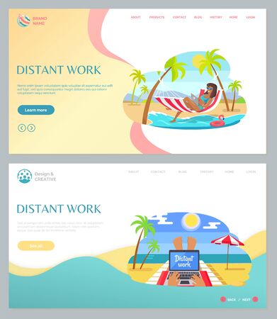 Distant work webpage woman lying on hammock with laptopのイラスト素材