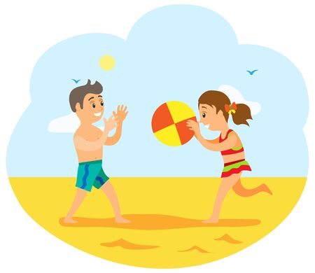 Kids in summer vector, vacations of children playing volleyball tossing ball to each other. Hot sand, childhood of boy and girl, brother and sister friendsのイラスト素材
