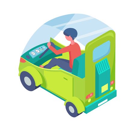 Ecological advancement vector, person driving etransport isolated man in car. Ecologically friendly vehicle with glass and clear design, green automobileのイラスト素材