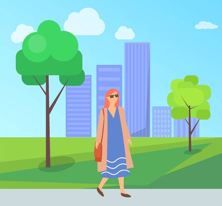 Pretty woman on walk in city park, female in sunglasses, long blue dress having fun outdoors. Vector fashionable lady in summer or spring cloth walking on natureのイラスト素材
