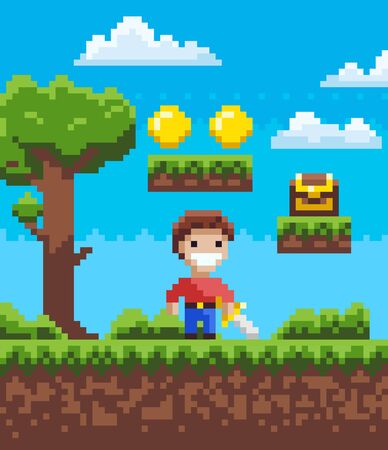 Smiling knight character holding steel, step with coins and box, tree and bush, adventure pixel game, male with galive outdoor, person on ground vectorのイラスト素材