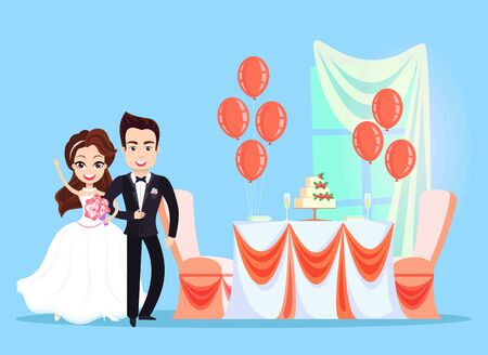 Table with wedding cake and decor vector, bride and groom, woman holding bouquet happy couple in love, balloons decoration, ribbons and stripes deskのイラスト素材