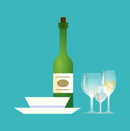 Glass bottle, plates and alcoholic drink with emblem vector. Tequila champagne with cork and label, served dishes for food, restaurant cafe servingのイラスト素材