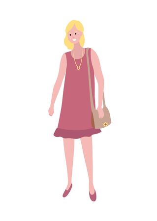 Blonde woman in purple dress with pendant on neck isolated cartoon character. Vector female, middle age lady with sack, mother or wife in flat styleのイラスト素材