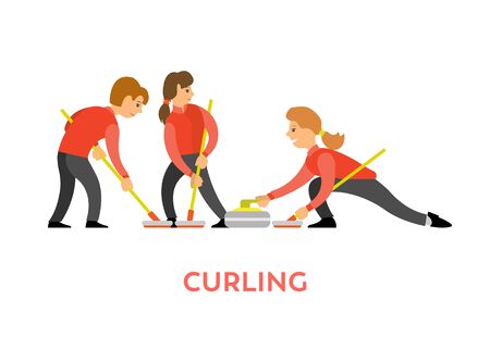 People playing curling using special bats and stone vector, man and woman opponents isolated. Team...