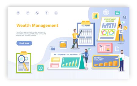 Wealth management vector, infographics and infocharts with investment plan and retirement information statistics on clipboard, page data. Invest manager, landing page flat styleのイラスト素材