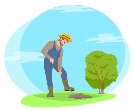 Farmer digging ground in garden vector cartoon icon. Man in straw hat and farming uniform working on farm with equipment, isolated on landscape badgeのイラスト素材
