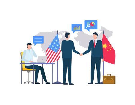 People from us and china representatives vector, men shaking hands, bosses with flags of country. Person sitting by table typing info on laptop flat style. Business betwen USA and Chinaのイラスト素材