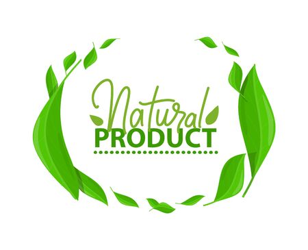 Frame of green leaves, natural product lettering isolated organic logo design. Vector inscription and plants, ecology clean agriculture farming foodのイラスト素材