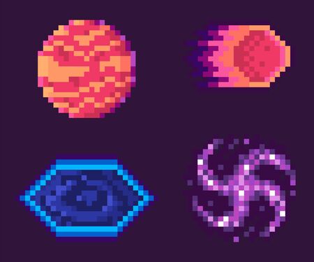 Pixel game vector, isolated planet with spots and flaming meteor falling inside, black hole...