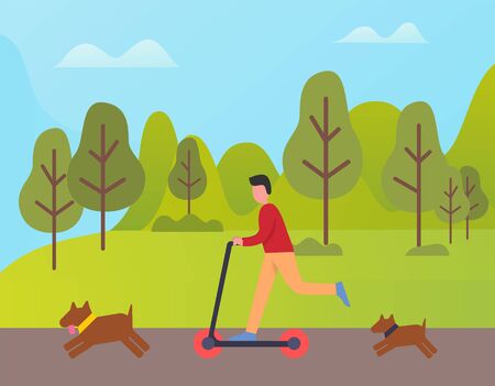 Funny man on scooter vector, transportation of male with dogs. Pets and owner having good time at forest, active guy leading cool lifestyle, weekendsのイラスト素材