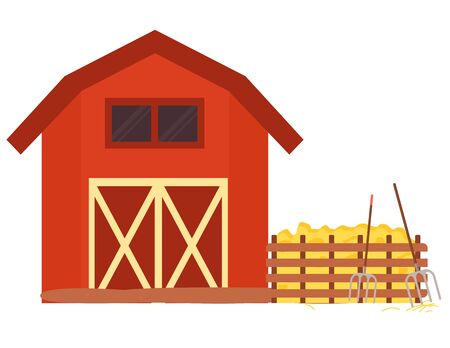 Farm house, hay and pitchfork near fence wooden building with agricultural equipments, farmland decoration element, ranch red house object vectorのイラスト素材