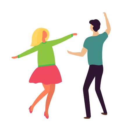 Passion dance of young couple boyfriend and girlfriend isolated. Vector dancing people in cartoon style, blond lady in pink dress and guy in black trousersのイラスト素材