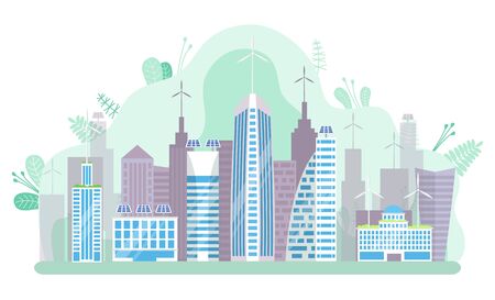 Cityscape of futuristic Megapolis. Big modern city architecture, metropolis panorama. High skyscrapers, panoramic windows, multi storey building vector, green sityのイラスト素材